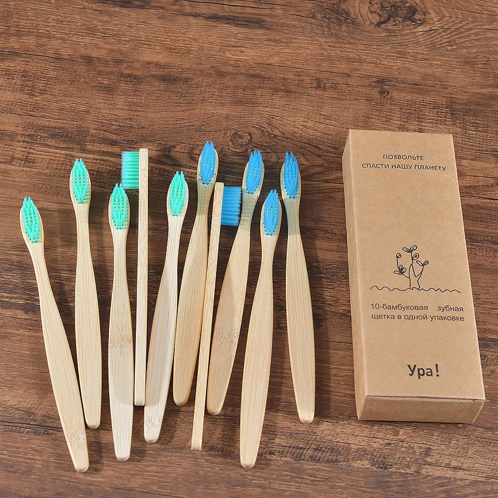 Kit com 10 escovas de dentes feitas em bambu natural, com cerdas macias e cores variadas. Uma opção sustentável, econômica e ideal para toda a família. Cada escova sai por apenas R$ 10,00.