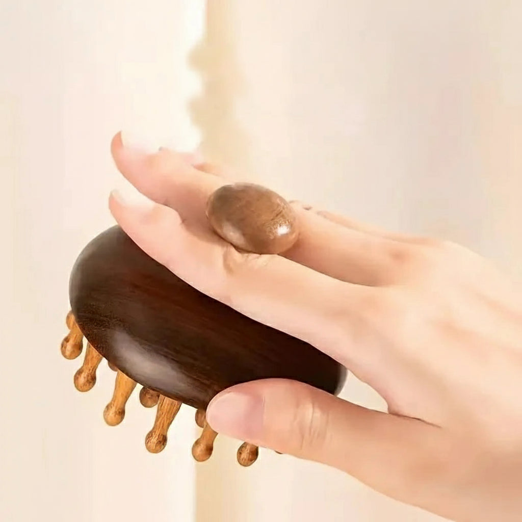 Escova Massageadora de Madeira para Couro Cabeludo – Terapia Capilar & Relaxamento