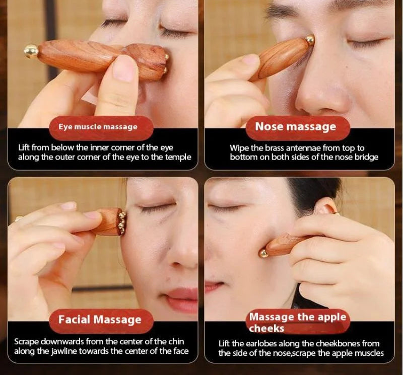 Massageador Facial de Madeira e Metal – Relaxamento, Gua Sha e Estímulo dos Pontos de Meridiano