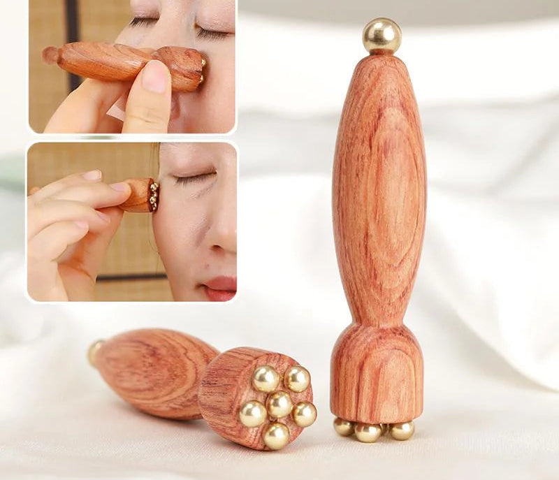 Massageador Facial de Madeira e Metal – Relaxamento, Gua Sha e Estímulo dos Pontos de Meridiano