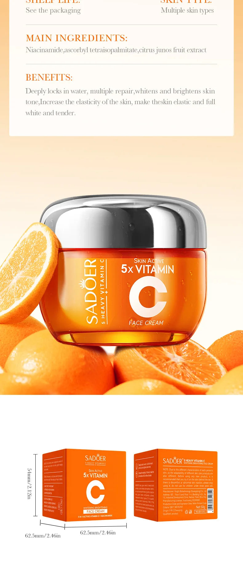 O Sadoer Vitamin C Cream combina alta concentração de Vitamina C 5x para iluminar, hidratar e revitalizar a pele.