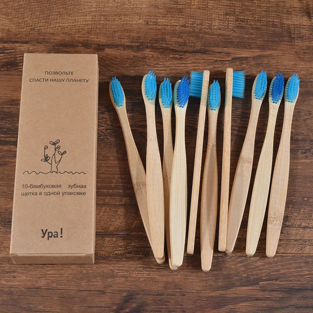 Kit com 10 escovas de dentes feitas em bambu natural, com cerdas macias e cores variadas. Uma opção sustentável, econômica e ideal para toda a família. Cada escova sai por apenas R$ 10,00.