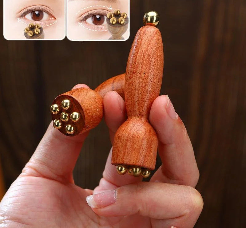 Massageador Facial de Madeira e Metal – Relaxamento, Gua Sha e Estímulo dos Pontos de Meridiano