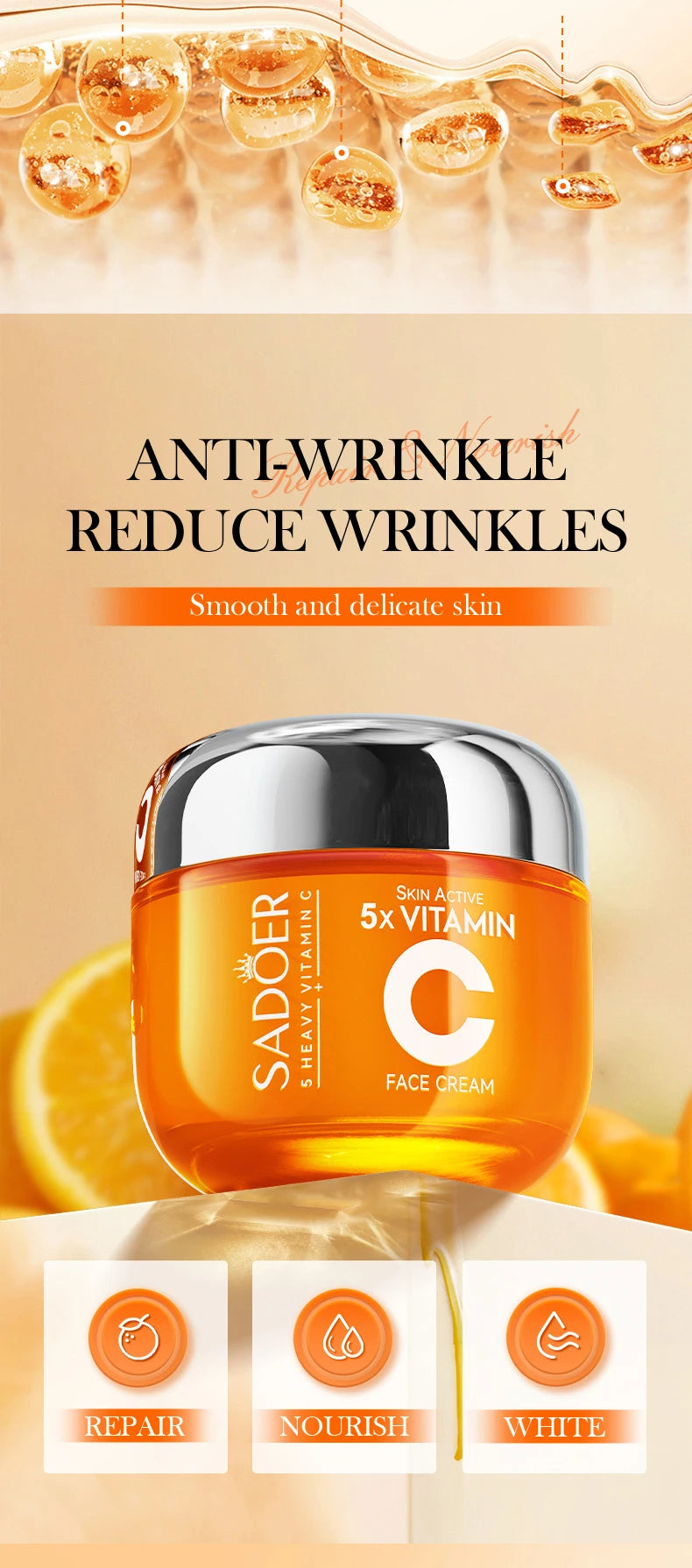O Sadoer Vitamin C Cream combina alta concentração de Vitamina C 5x para iluminar, hidratar e revitalizar a pele.
