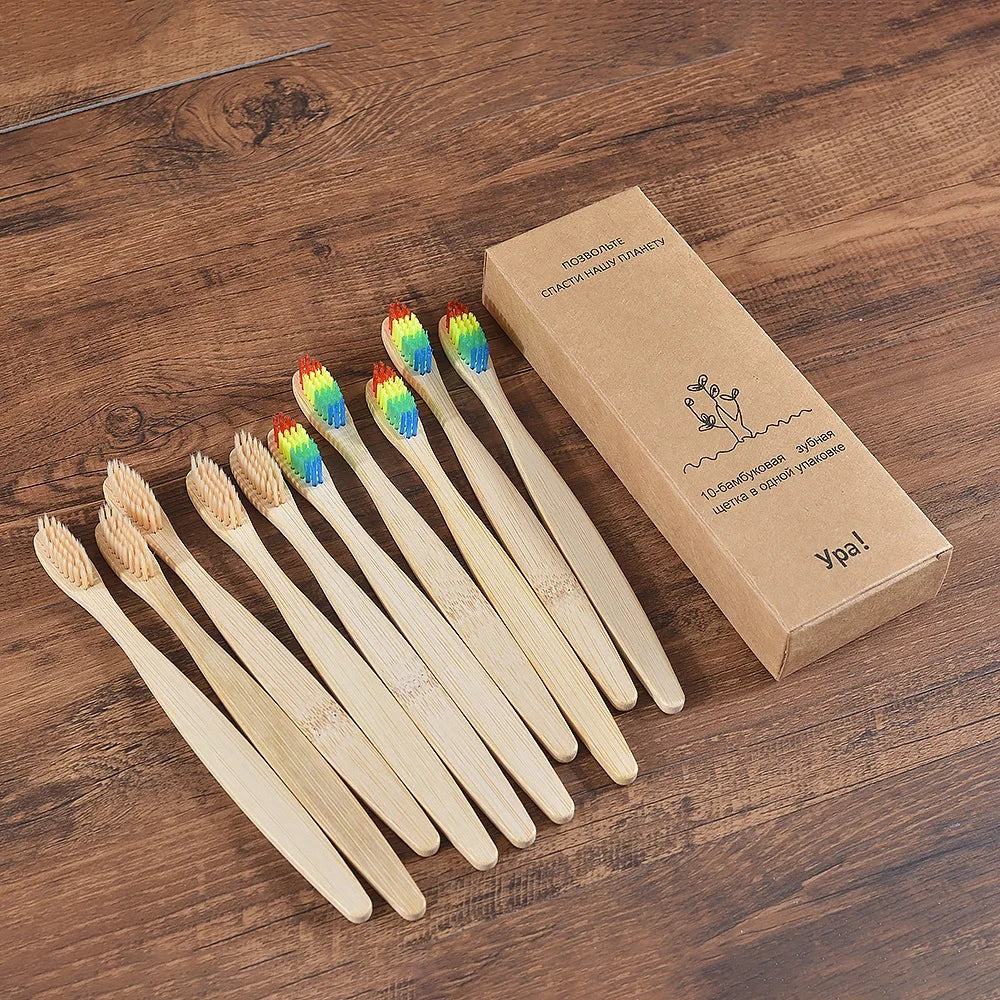 Kit com 10 escovas de dentes feitas em bambu natural, com cerdas macias e cores variadas. Uma opção sustentável, econômica e ideal para toda a família. Cada escova sai por apenas R$ 10,00.