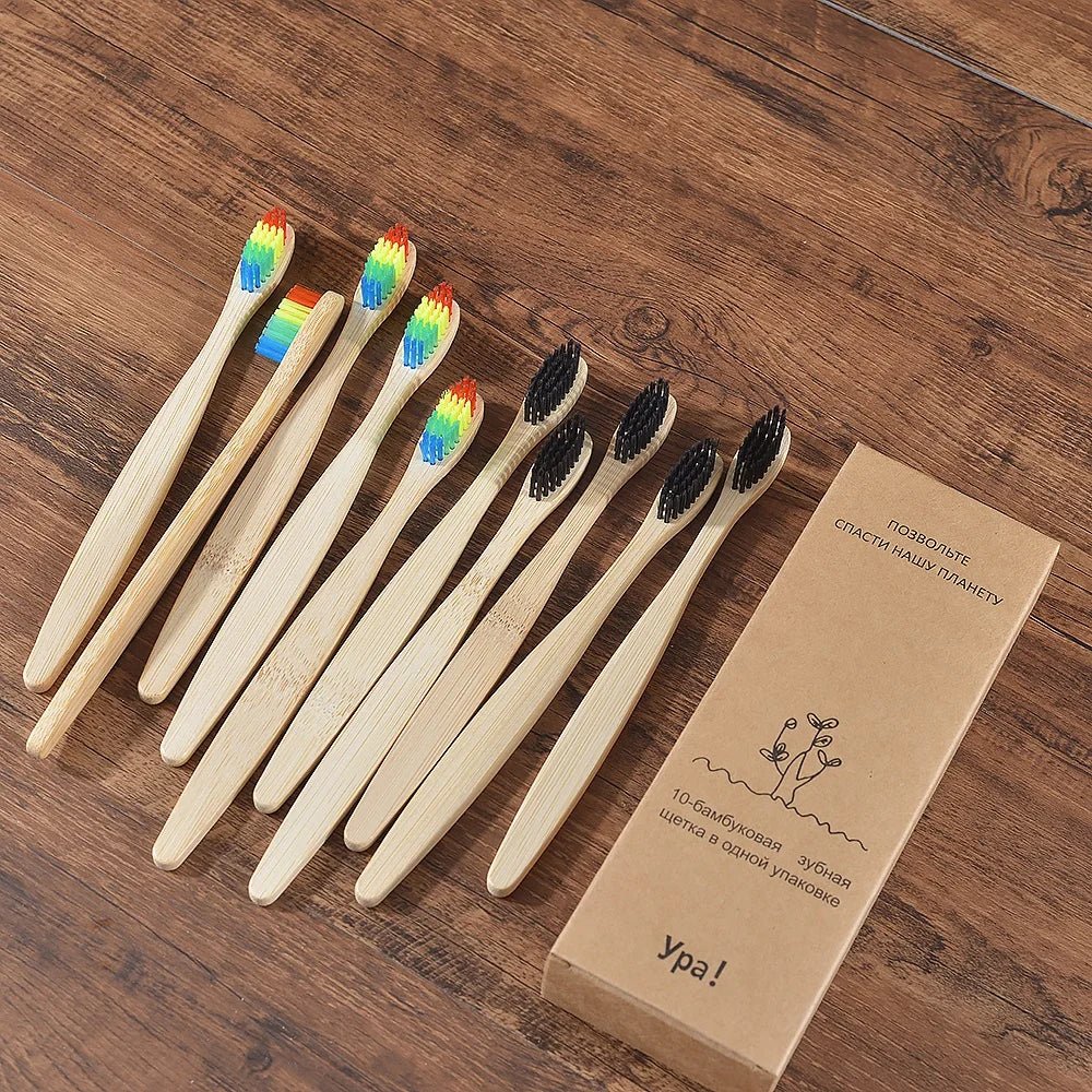 Kit com 10 escovas de dentes feitas em bambu natural, com cerdas macias e cores variadas. Uma opção sustentável, econômica e ideal para toda a família. Cada escova sai por apenas R$ 10,00.